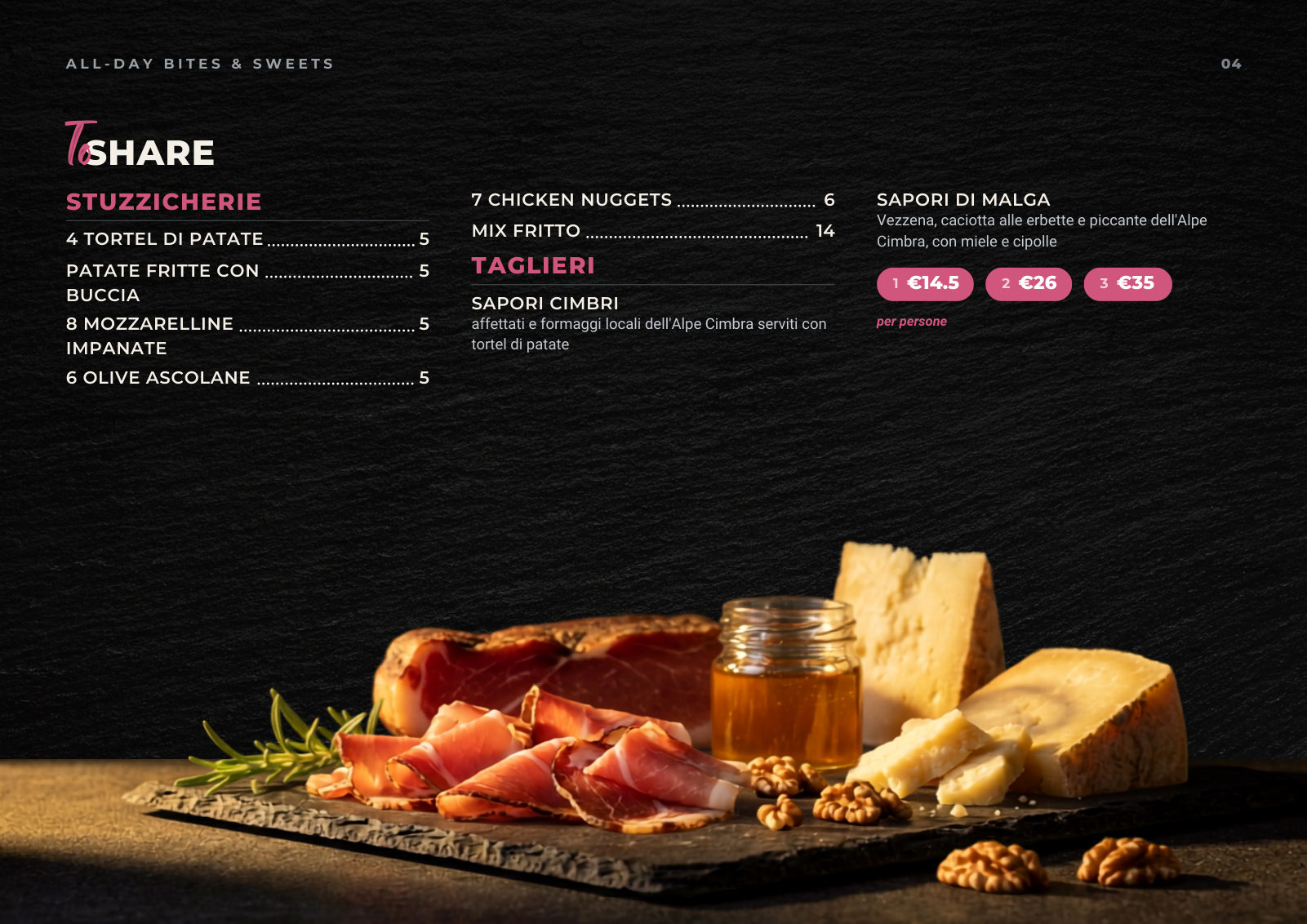 Menu Bistrò Bazzario · taglieri e stuzzicherie