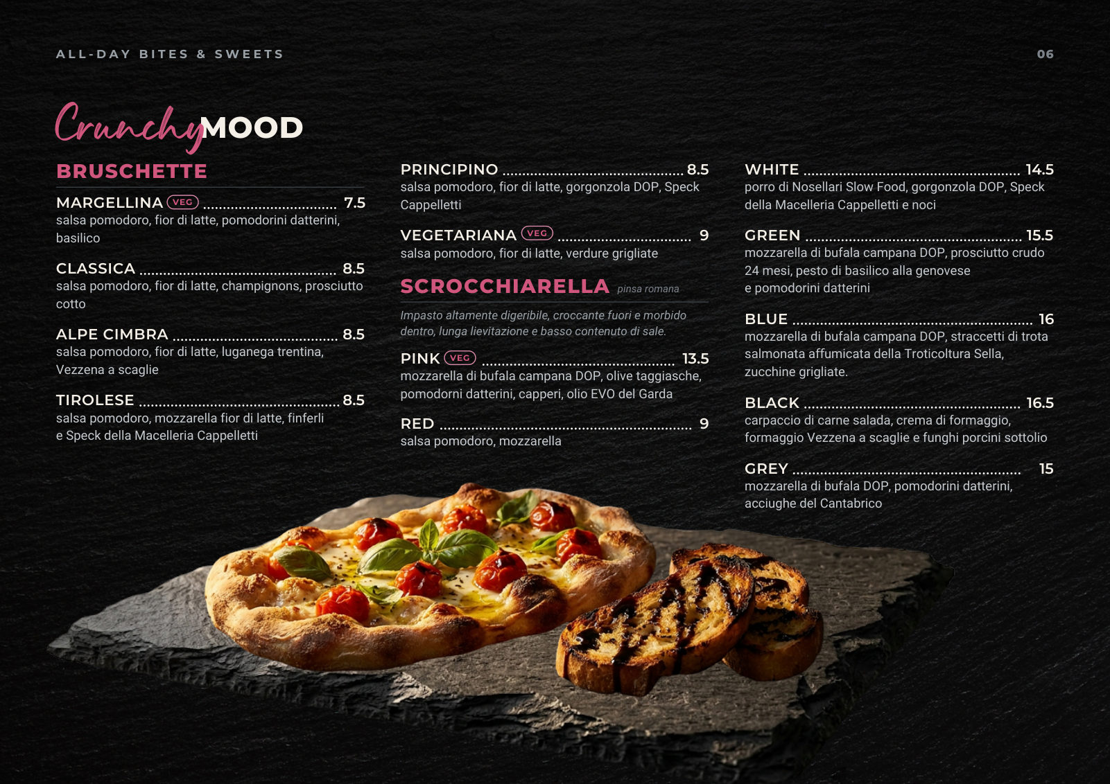 Menu Bistrò Bazzario · bruschette e pizze